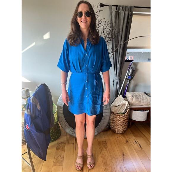 THAKOON Women's Blue Button Front Collared Tie Waist Mini Shirt Dress Size 14 - Picture 1 of 15